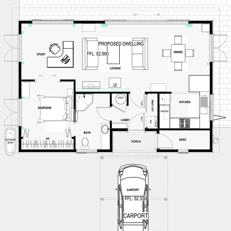 Solabode Mk2 1BR + Carport Eco House Plan