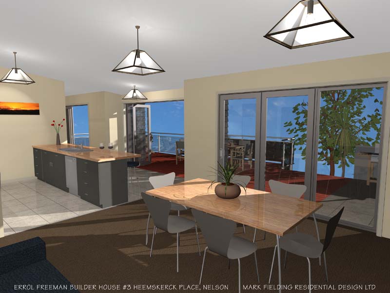 Interior view from Dining area to Kitchen and Brunch area